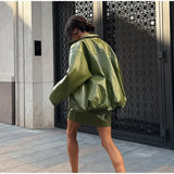 Vintage Green Leather Skirt Sets Women Fashion Solid Strapless Short Skirts Zipper Jacket Outfits Lady Daily Highstreet Outfits