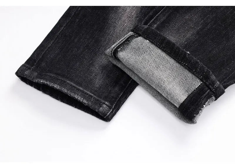 Men's Slim-Fit Distressed Black Grey Denim Jeans
