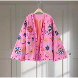 Chic Embroidered Women's Jacket – V-Neck Lace-Up Coat