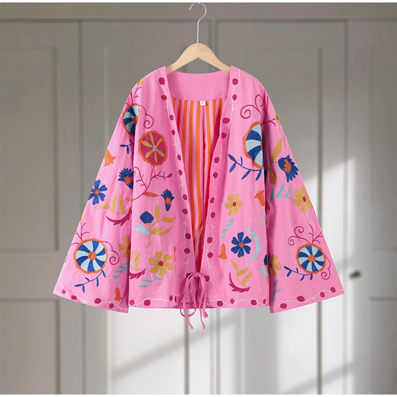 Chic Embroidered Women's Jacket – V-Neck Lace-Up Coat