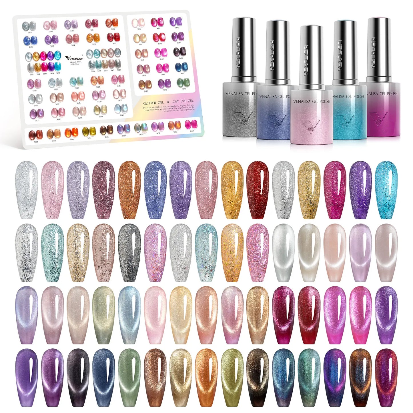 5pcs Venalisa Hema/TPO Free Cat Eye Nail Gel Polish Color Palette Kit Ultra Glitter Diamond Sparkle Soak Off UV LED Varnish Set