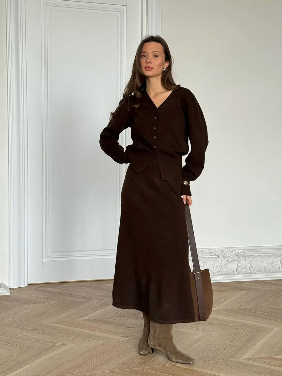 Hirsionsan Sexy Soft Elegant Vintage Women Suits 2 Pieces Female Sets Polo Neck Cardigan Sweater & Midi Dress Knitted TrackSuit