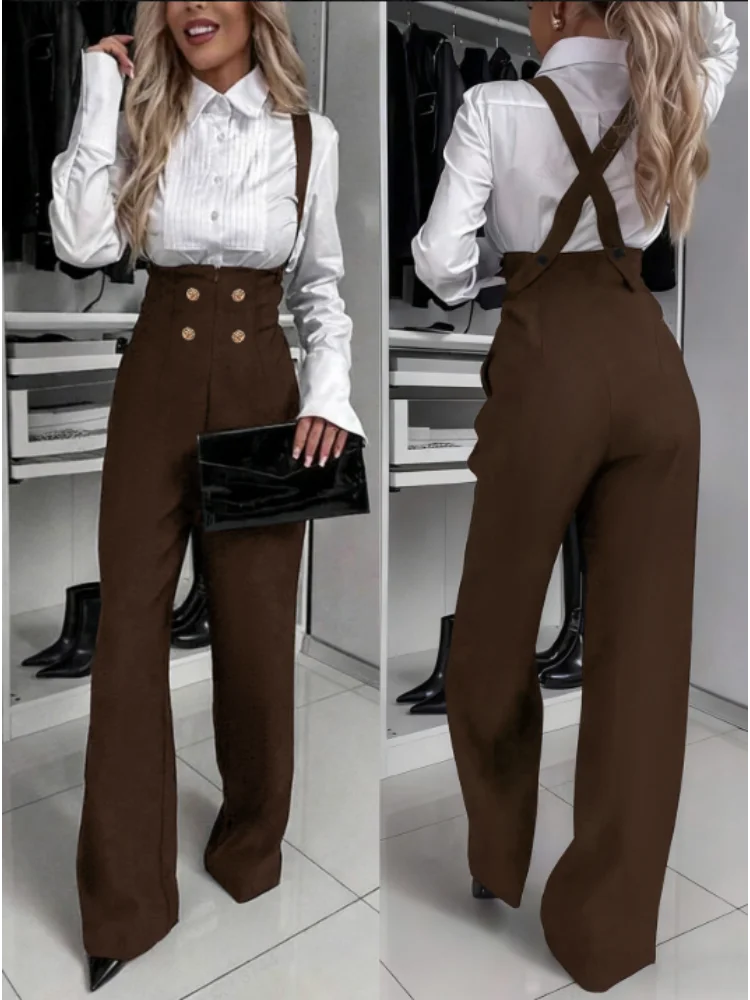 Retro Gold Double-Breasted Wide Leg Jumpsuit