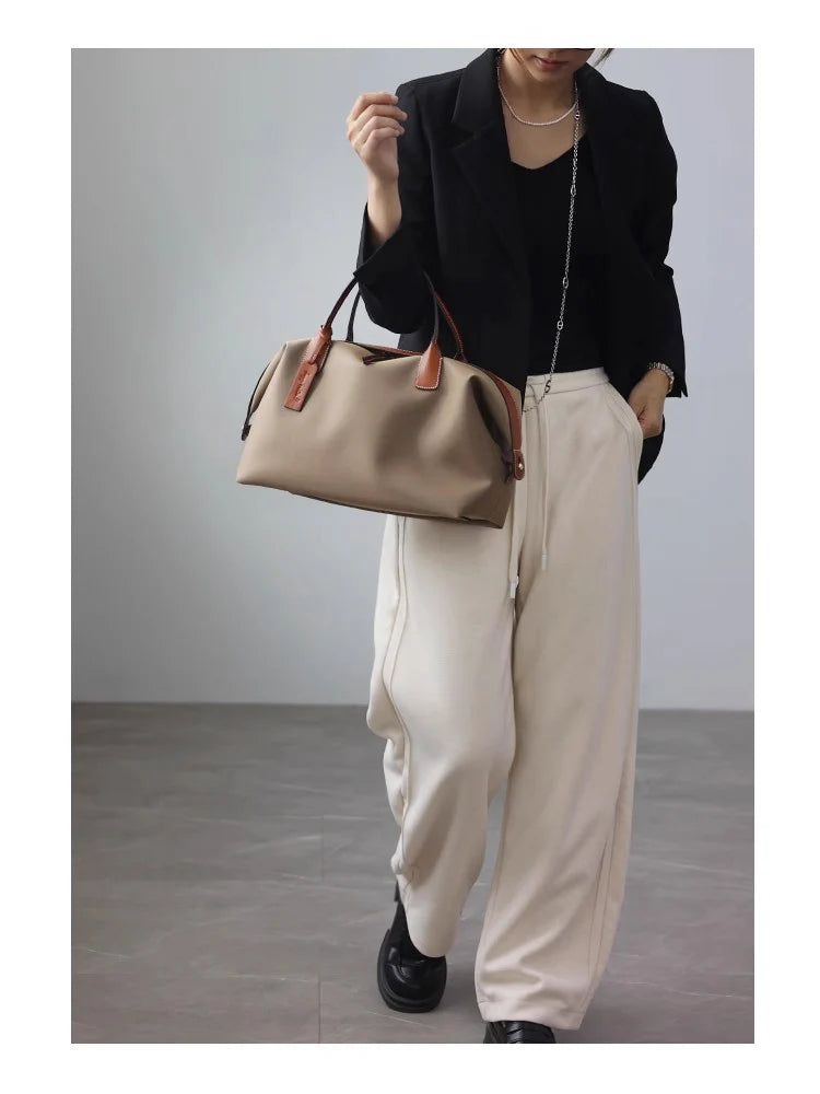 Women's Nylon With Genuine Leather Zipper Tote Lightweight Soft Travling Bags Versatile Style Handbag Different Colors And Size