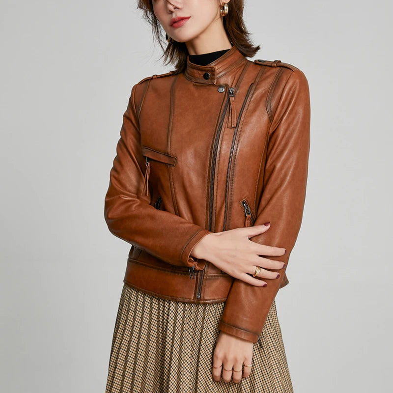 Women's Short Genuine Sheepskin Biker Jacket