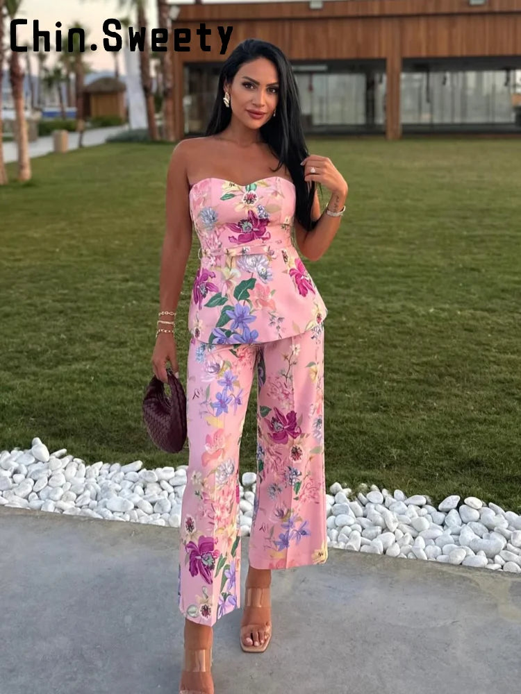 Floral Strapless Vest & Straight-Leg Trouser Set