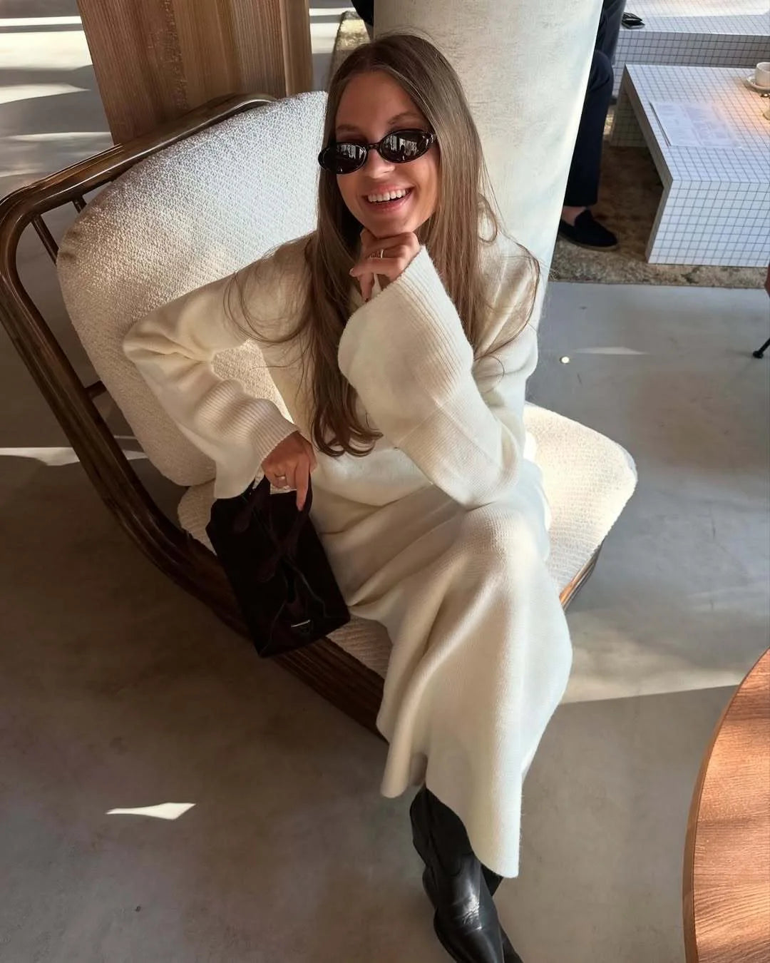 Hirsionsan Sexy Soft Elegant Vintage Women Suits 2 Pieces Female Sets Polo Neck Cardigan Sweater & Midi Dress Knitted TrackSuit