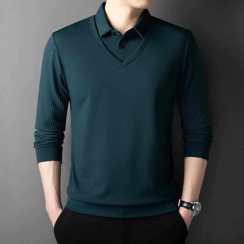 Men's Contrast Polo Shirt – Relaxed Long Sleeve Layered Look