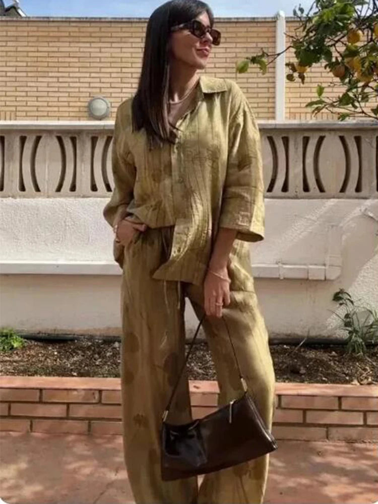 TFMLN Women's Fashion Two Piece Set Loose Jacquard Shirt 2024 High Waist Trousers Set Lapel Half Sleeve Shirt Wide Leg Pants