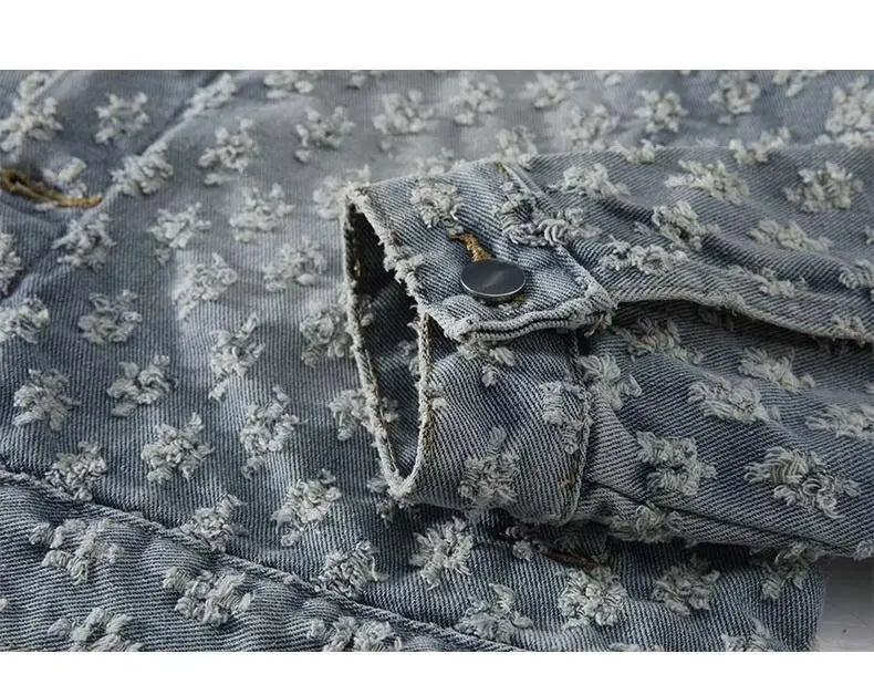 Fashionable Premium Jacquard Washed Denim Jacket for Men - Autumn New Arrival American Vintage Distressed Streetwear Style
