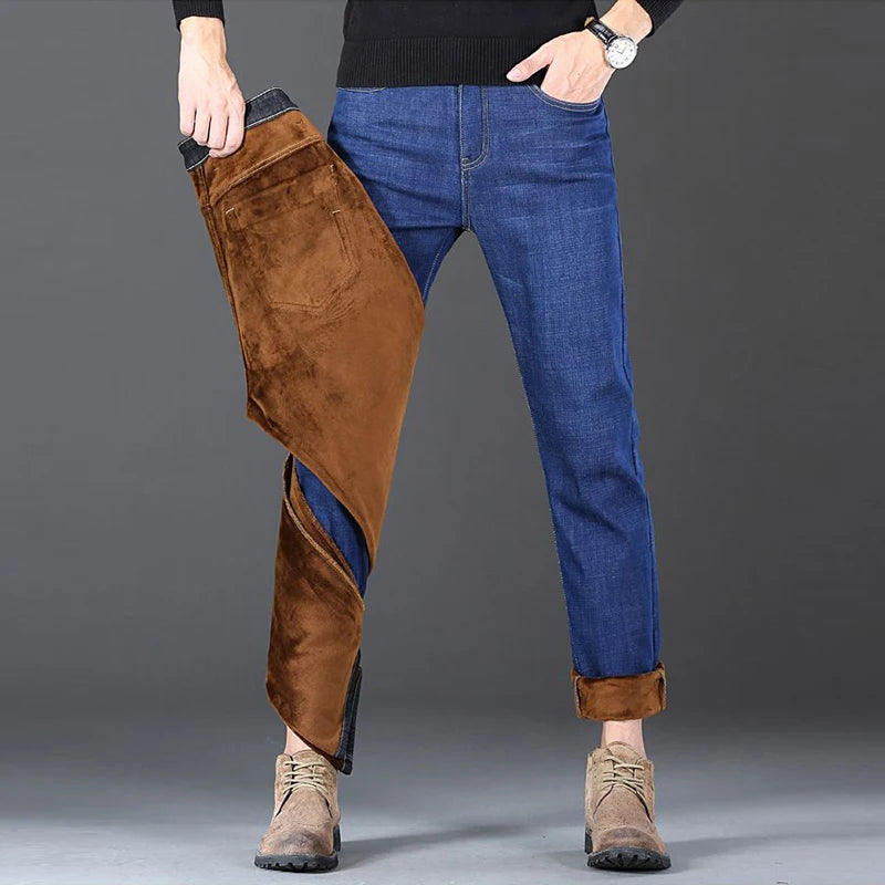 Men Winter Snow Warm Plush  Loose Minimalist Jeans Male Fleece Lined ThickenedStraight Denim Pants Slim Fit Elasticity Trousers