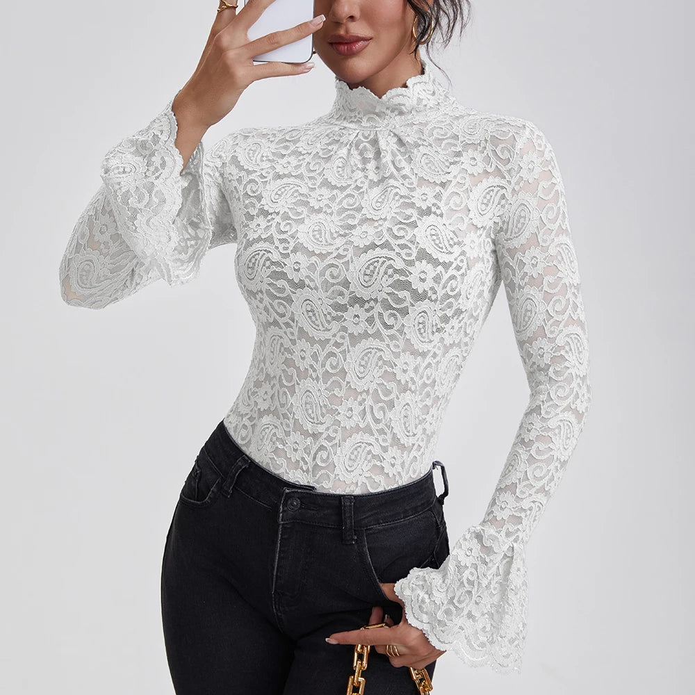 Elegant Floral Lace Turtleneck Blouse