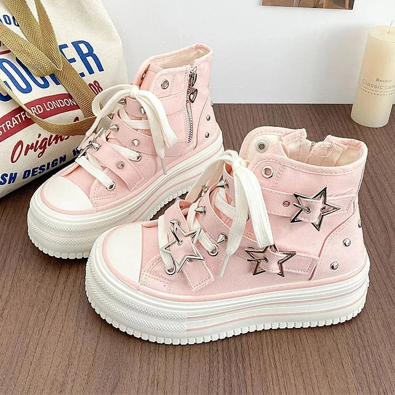 Women's High-Top Canvas Platform Sneakers — Rivet Buckle Lace-Up