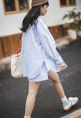 Maden Women's Blue White Striped Shirt and Shorts Sets Loose Casual French Classic Summer Suit Elegant Matching Two Piece Set
