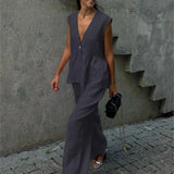 Fashion Women's Trouser Suits Sleeveless V-Neck Top Women Casual Straight Pants Sets Summer Women's Suit Commuter 2 Piece Set