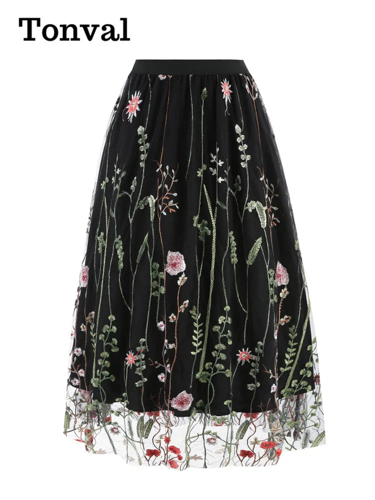 Tonval Floral Embroidered Mesh Midi Skirt – Elegant & Vintage