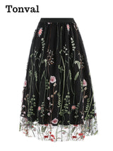 Tonval Floral Embroidered Mesh Midi Skirt – Elegant & Vintage
