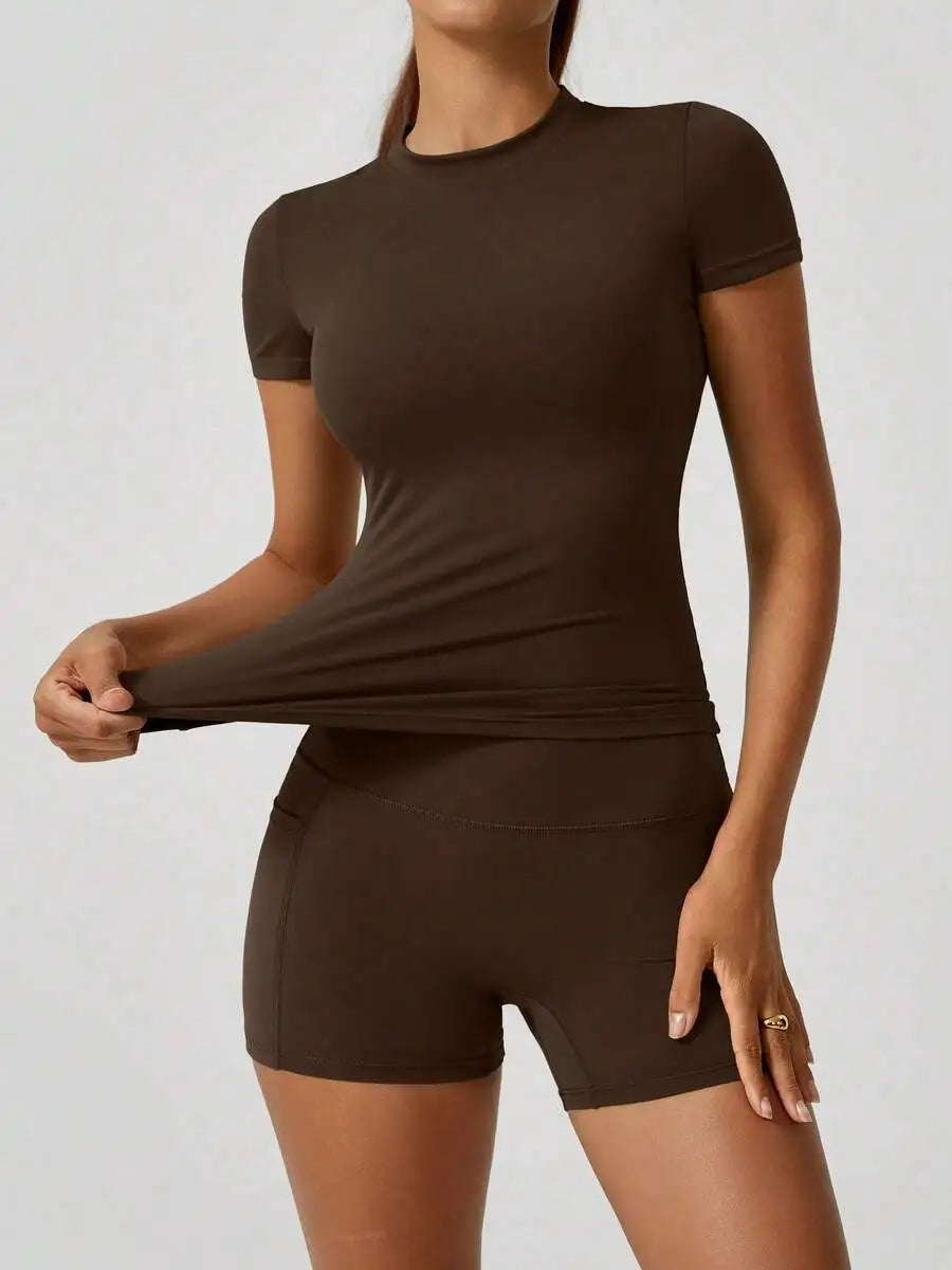Women's Sculpting Sports Short Sleeve & High-Waist Shorts Set