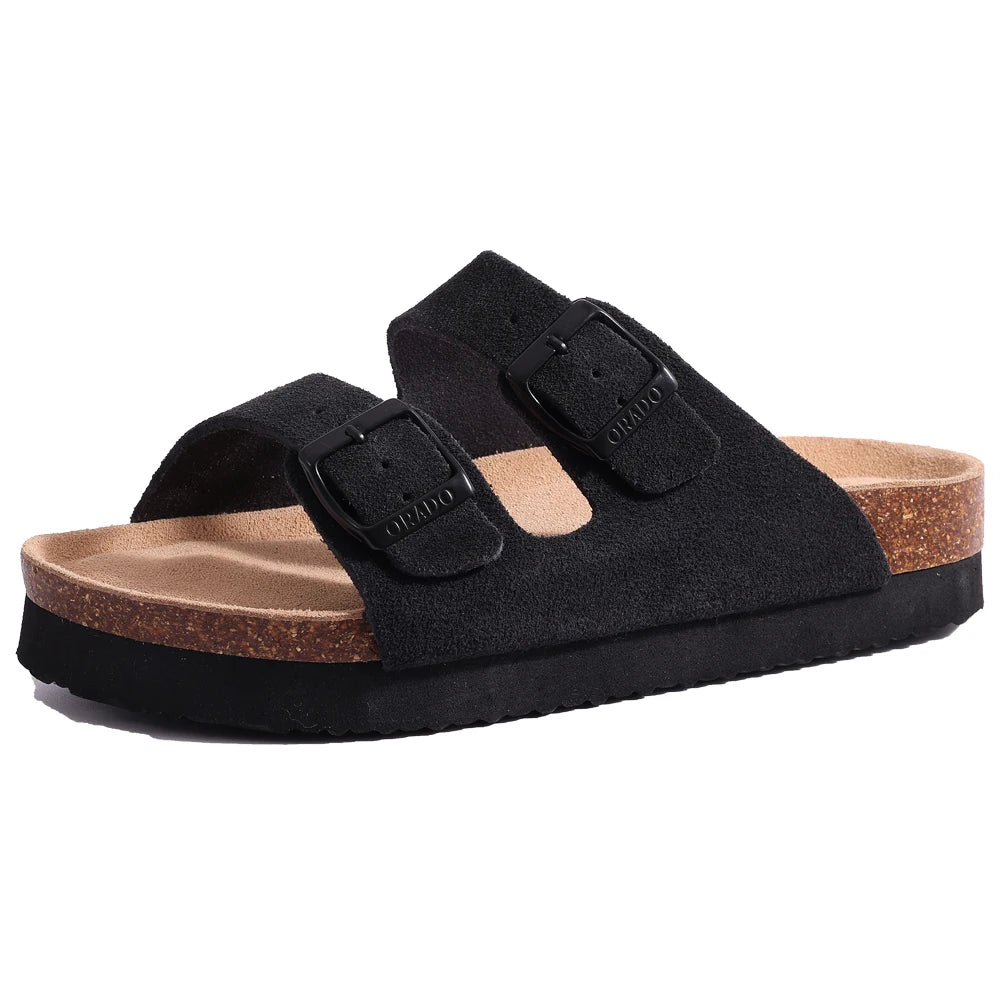 Comwarm Men's Cork Footbed Slides Sandals Arch Support Summer Outdoor Sandals with Adjustable Buckle Leisure Men Leather Slides