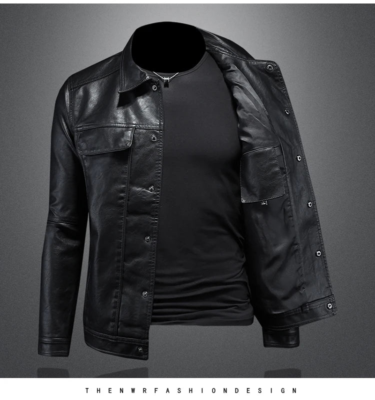 2024 Autumn and Winter New Men's Fashion Handsome with Solid Color Boutique Lapel Motorcycle Leather Coat Slim Fashion  M-5XL