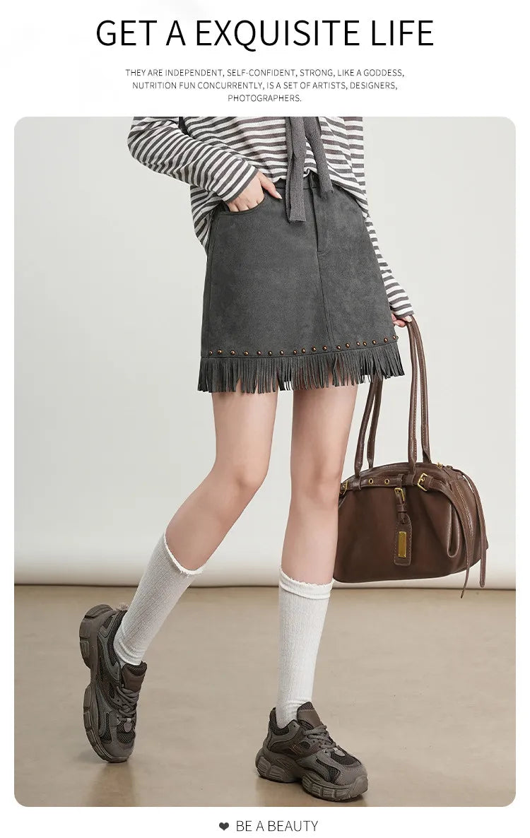 LOUIS YAO Tassels Rivet A-line Half Skirt 2025 Autumn Short Skirts Fashionable and Gentle Casual  Women's Half Skirt