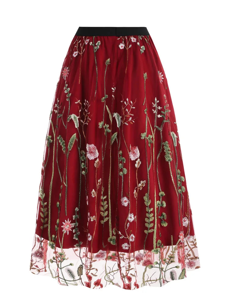 Tonval Floral Embroidered Mesh Midi Skirt – Elegant & Vintage