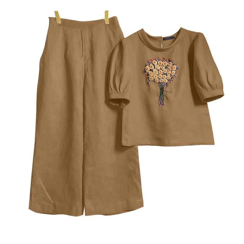 Floral Embroidery Linen-Style 2-Piece Set