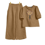 Floral Embroidery Linen-Style 2-Piece Set