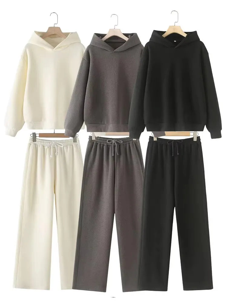 HH Women Solid Casual Sweatshirt Pant Suit Long Sleeve Hooded Fleece Pullover Coat Loose Straight Trousers Office Lady Sets