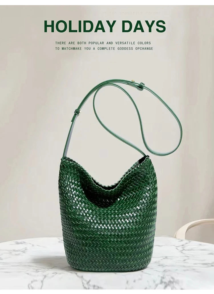 Luxury Women's Shopping Bag New High-End Hand-Woven Leather Bucket Bag Large-Capacity Shoulder Messenger Bag Commuter Tote Bag