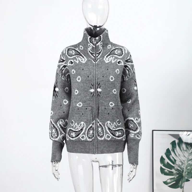 Vintage-Style Printed Knit Cardigan