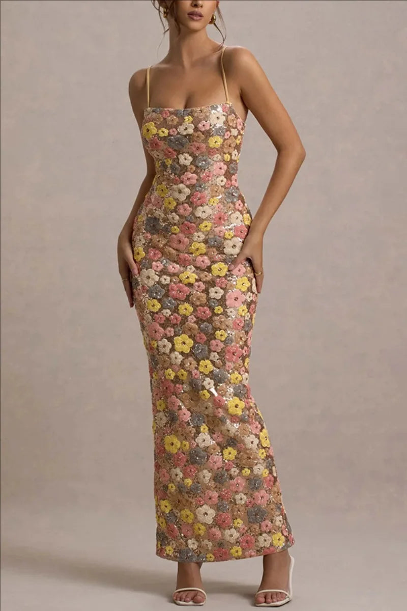 Boho Sequin Floral Maxi Dress – Slim Fit Empire Waist Summer Party Gown