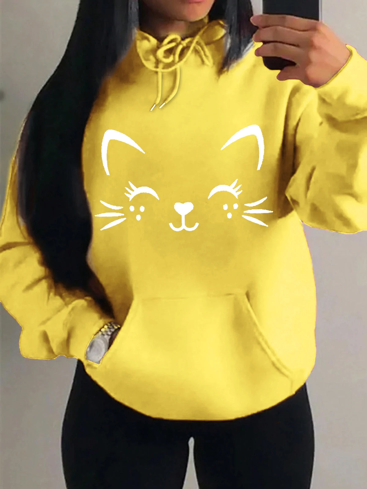 Women's Playful Cat Graphic Fleece Hoodie