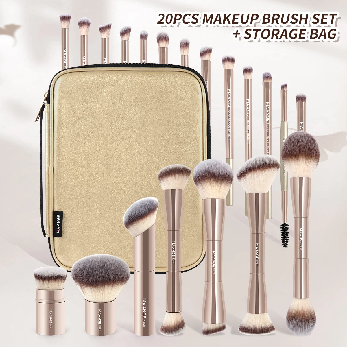 MAANGE Pro Makeup Brush Kit 20pcs Brushes with Storage Bag Dual End Foundation Powder Blush Eyeshadow Brush Beauty Blending Kit