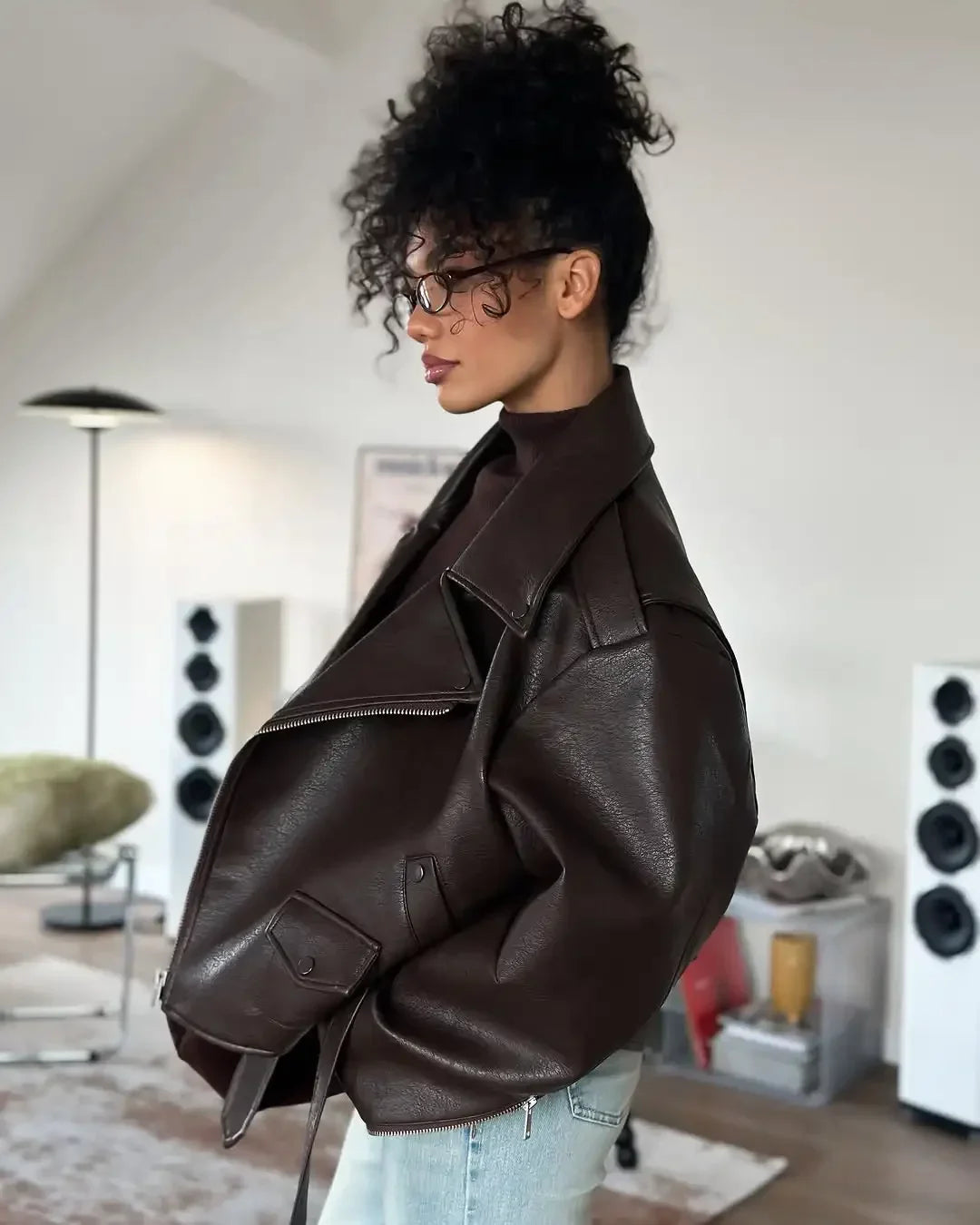 Women's Dark Red Zipper Leather Short Jackets Chic Long Sleeve Lace Up Lapel Loose Button Coat Lady Daily High Street Wear 2025