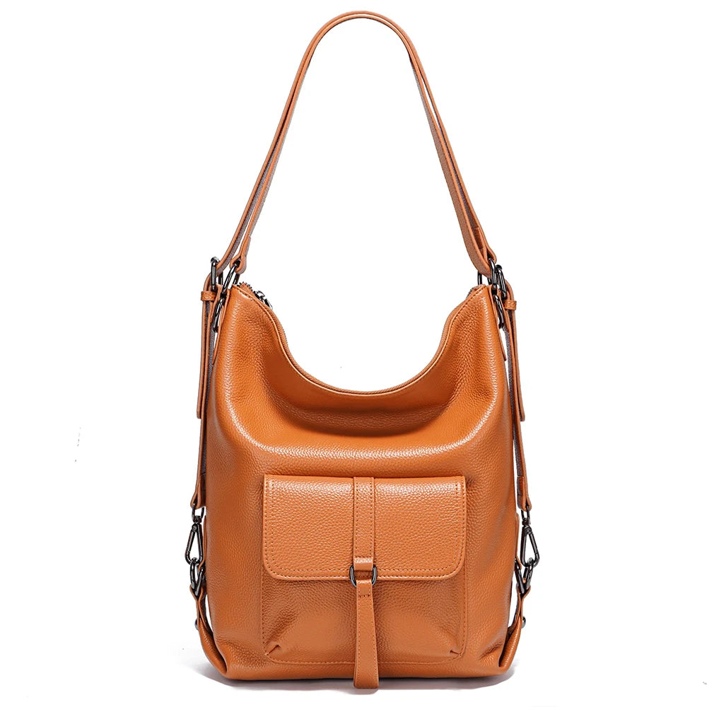 Zency Stylish Women Shoulder Bag 100% Genuine Leather Large Capacity Handbag Multifunction Satchel Bag Backpack Brown 2 in 1 Bag