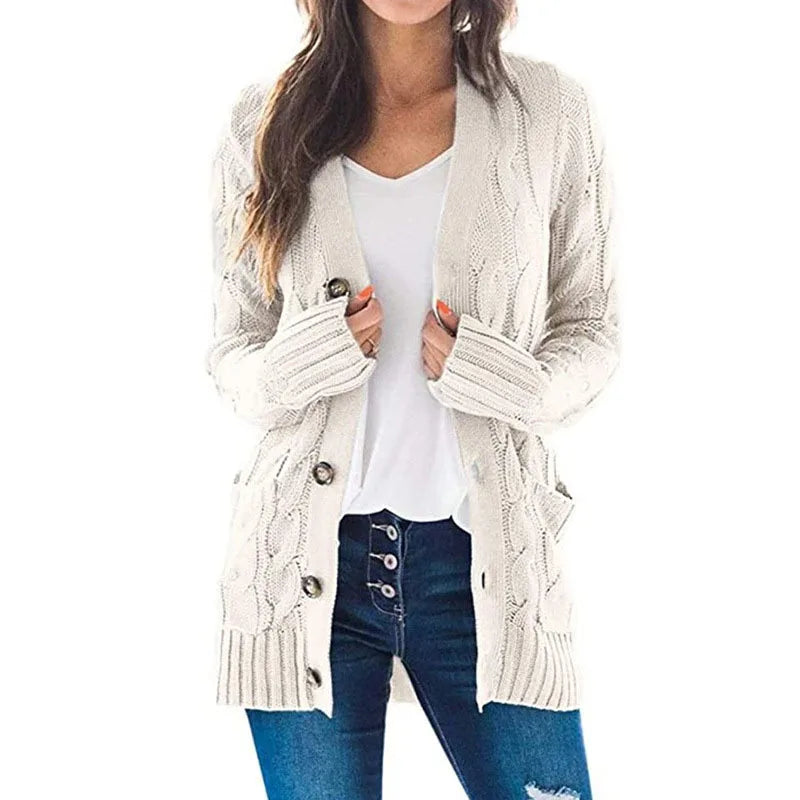 Women's V-Neck Button-Down Cardigan – Soft Loose Fit Knitted Sweater Jacket