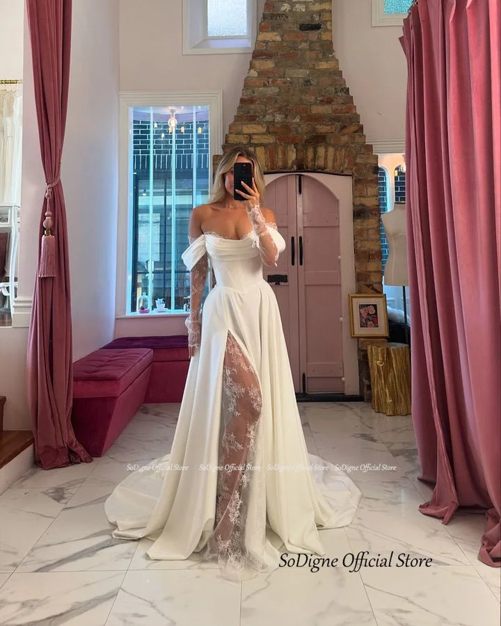 A-line Wedding Dresses Off Shoulder Long Sleeve Satin/Lace Bridal Dress Elegant Bride Gown vestidos de novia customized