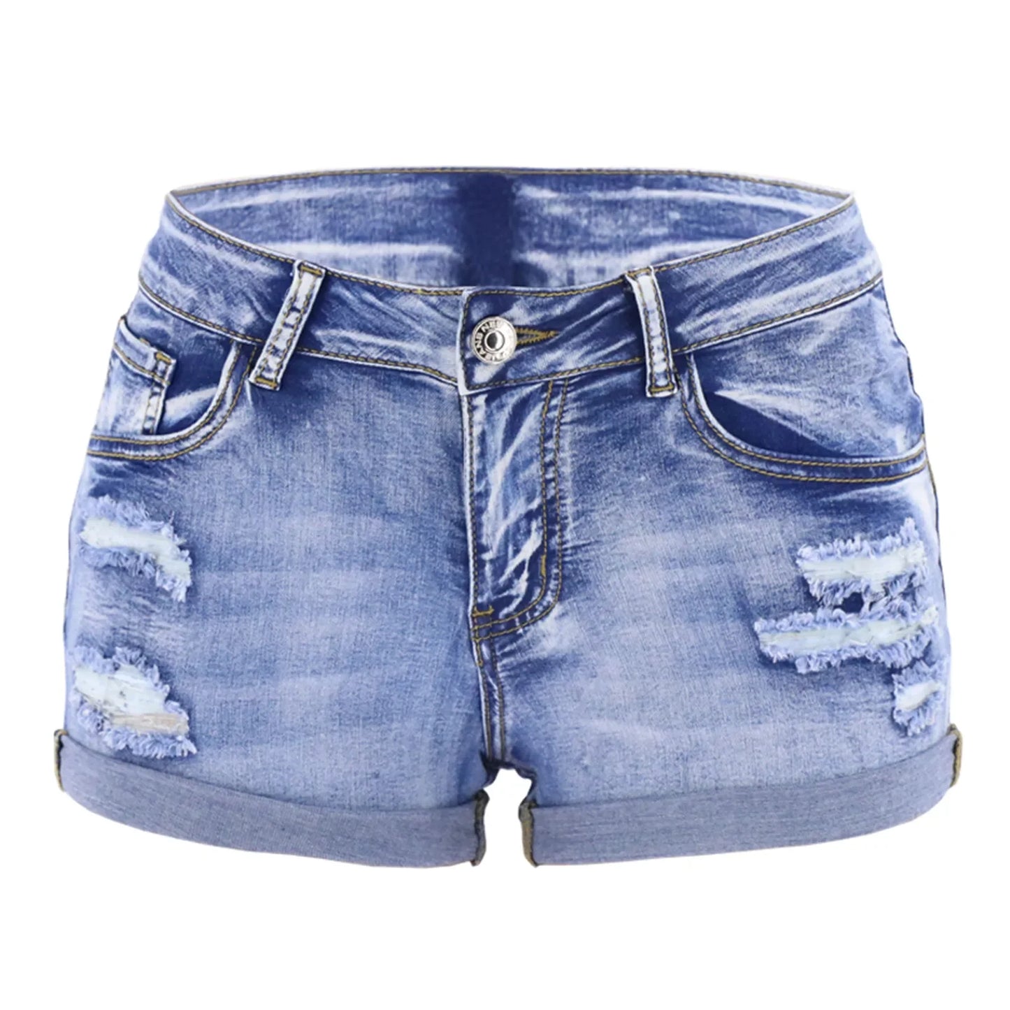 Women’s Mid-Waist Distressed Denim Shorts – Slim Fit Summer Beach Wear