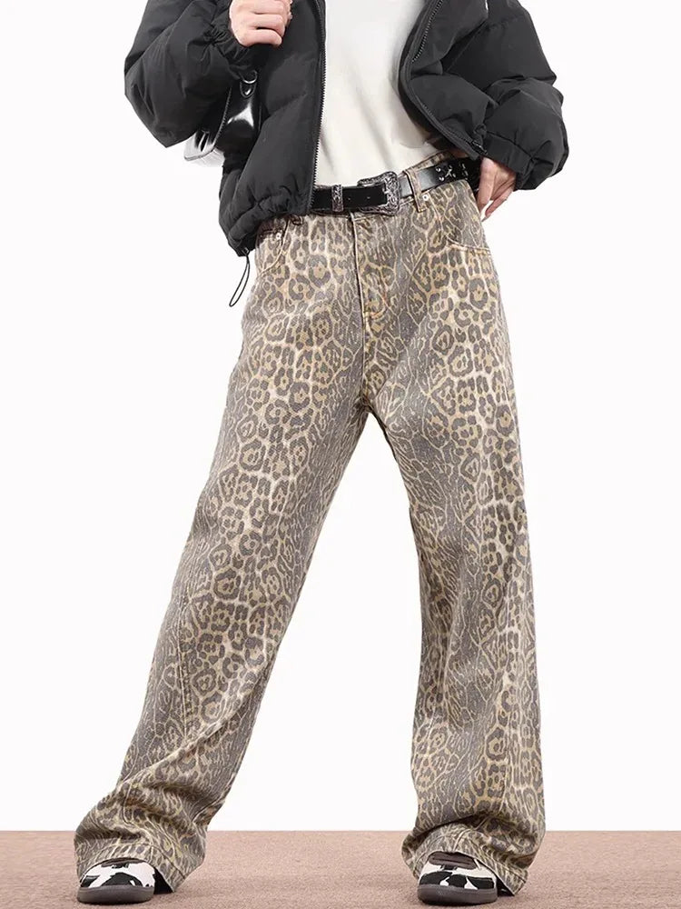 Women's High-Waisted Leopard Wide Leg Jeans | Y2K Vintage