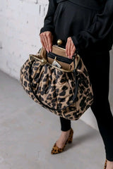 LOST IN VINTAGE Leopard Print Animals Fabric Soft Smooth Owl Bag Balls Bronze Kiss-lock Large Purse Clutch Large 43x40x13cm
