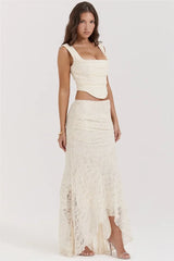 Lace Bandage 2 Piece-Set Long Skirt Female Patchwork Fashion Backless High Waist Elegant Lace-Up Maxi Skirt Sets Outfits