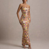 Boho Sequin Floral Maxi Dress – Slim Fit Empire Waist Summer Party Gown