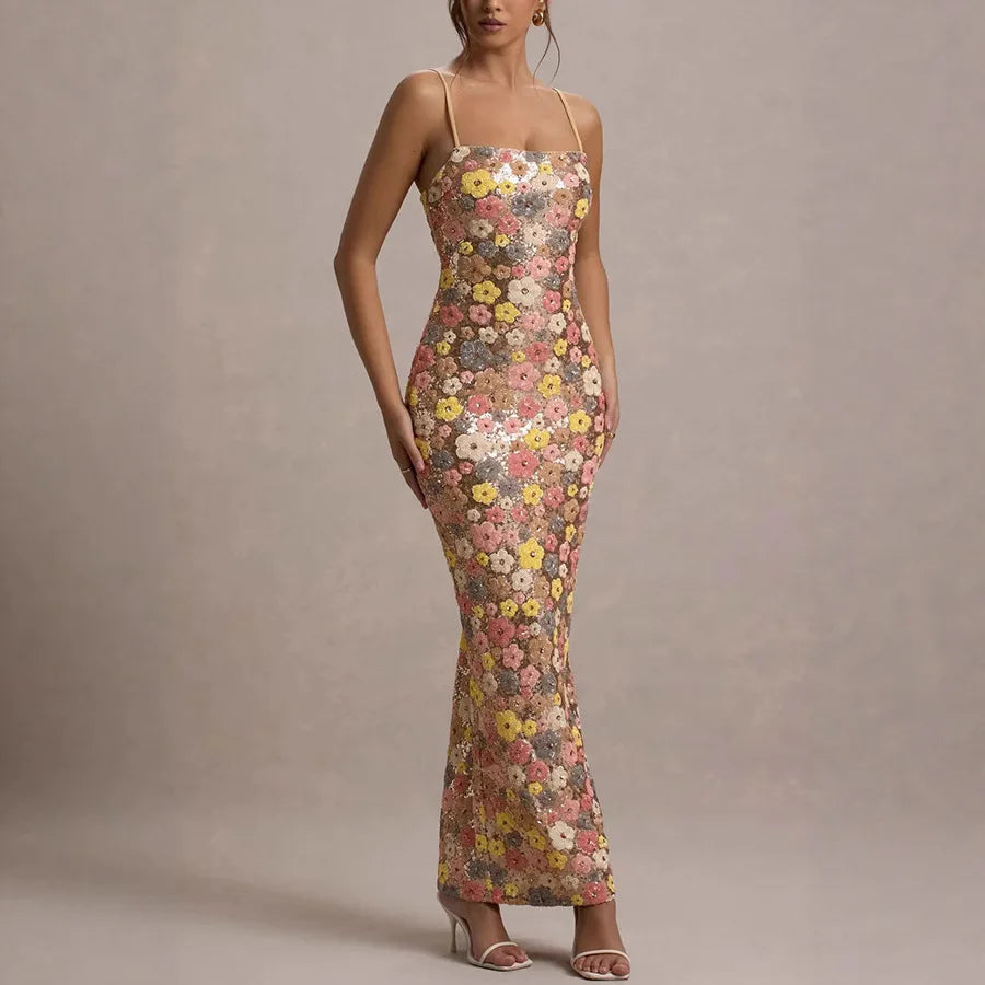 Boho Sequin Floral Maxi Dress – Slim Fit Empire Waist Summer Party Gown