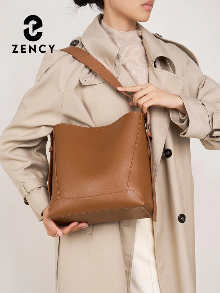 Zency New 2026 TrendyTwo Layer Cow Leather Shopper Shoulder Bag Commuter Large Bucket Handbag Simple High Quality Women Tote Bag