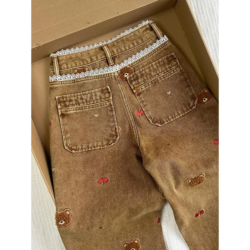 Lace Teddy Bear Patchwork Wide-Leg Jeans