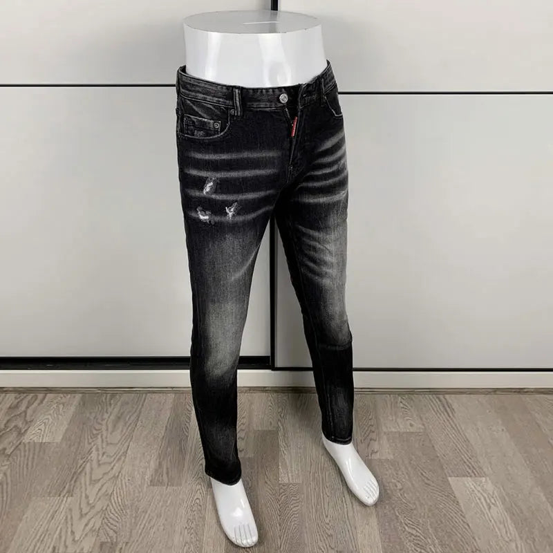 Men's Slim-Fit Distressed Black Grey Denim Jeans