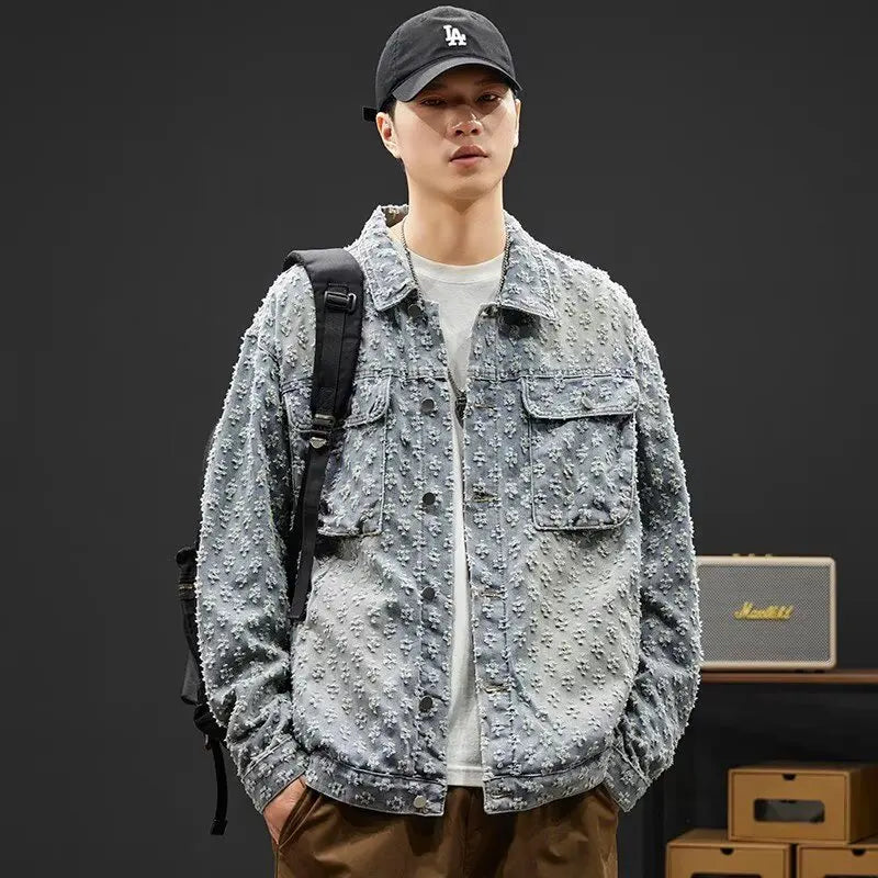 Fashionable Premium Jacquard Washed Denim Jacket for Men - Autumn New Arrival American Vintage Distressed Streetwear Style