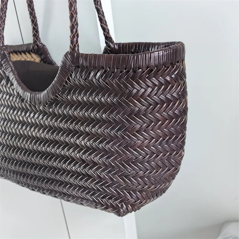 Luxury Designer Genuine Leather Cowhide Hand-woven Tote Bag High Quality Vintage Women's  Vacation Travel Beach Shoulder Bag