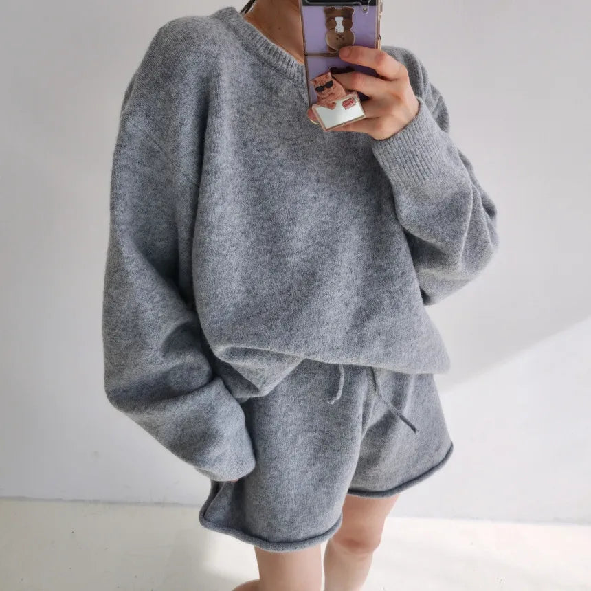 Korean Style Sweater Two 2 Piece Set Women Vintage Autumn Winter Pullover Knitted Tops + Casual Shorts 2 Piece Outfits Female